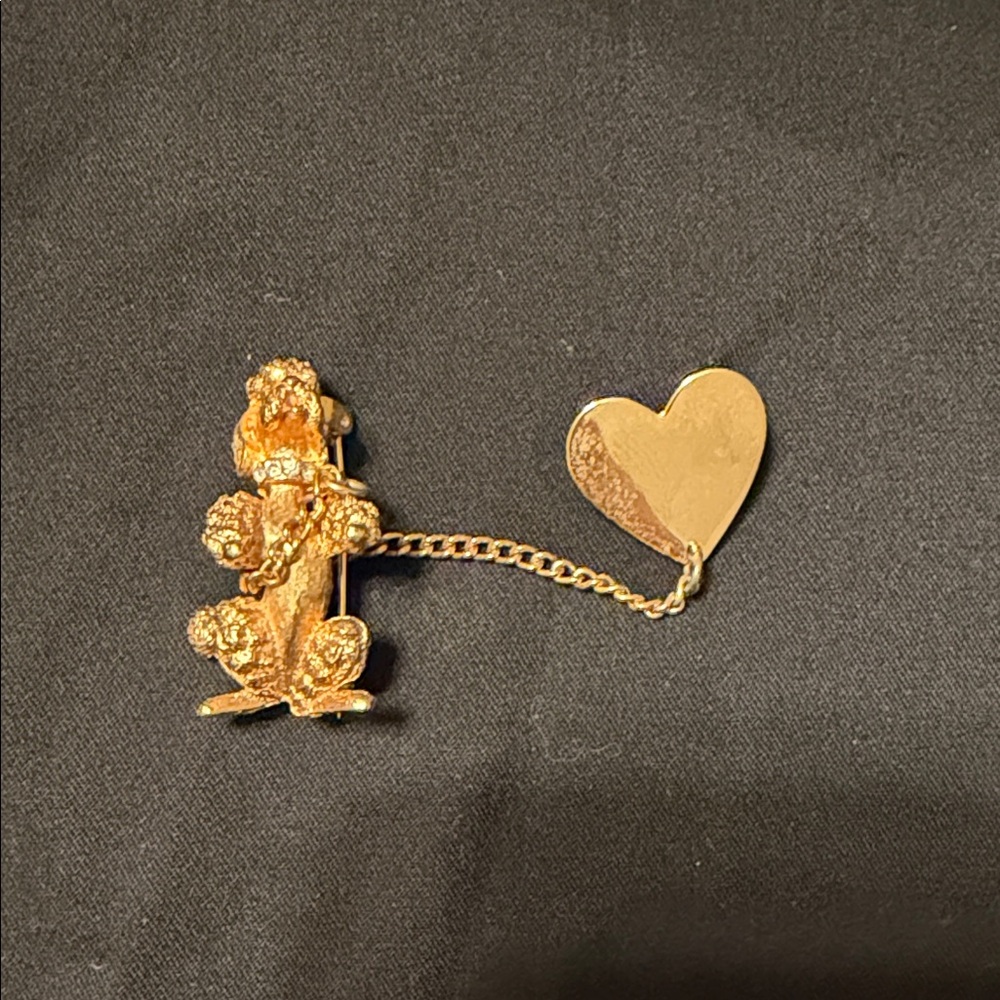 Gold Poodle and Heart Chain Brooch
